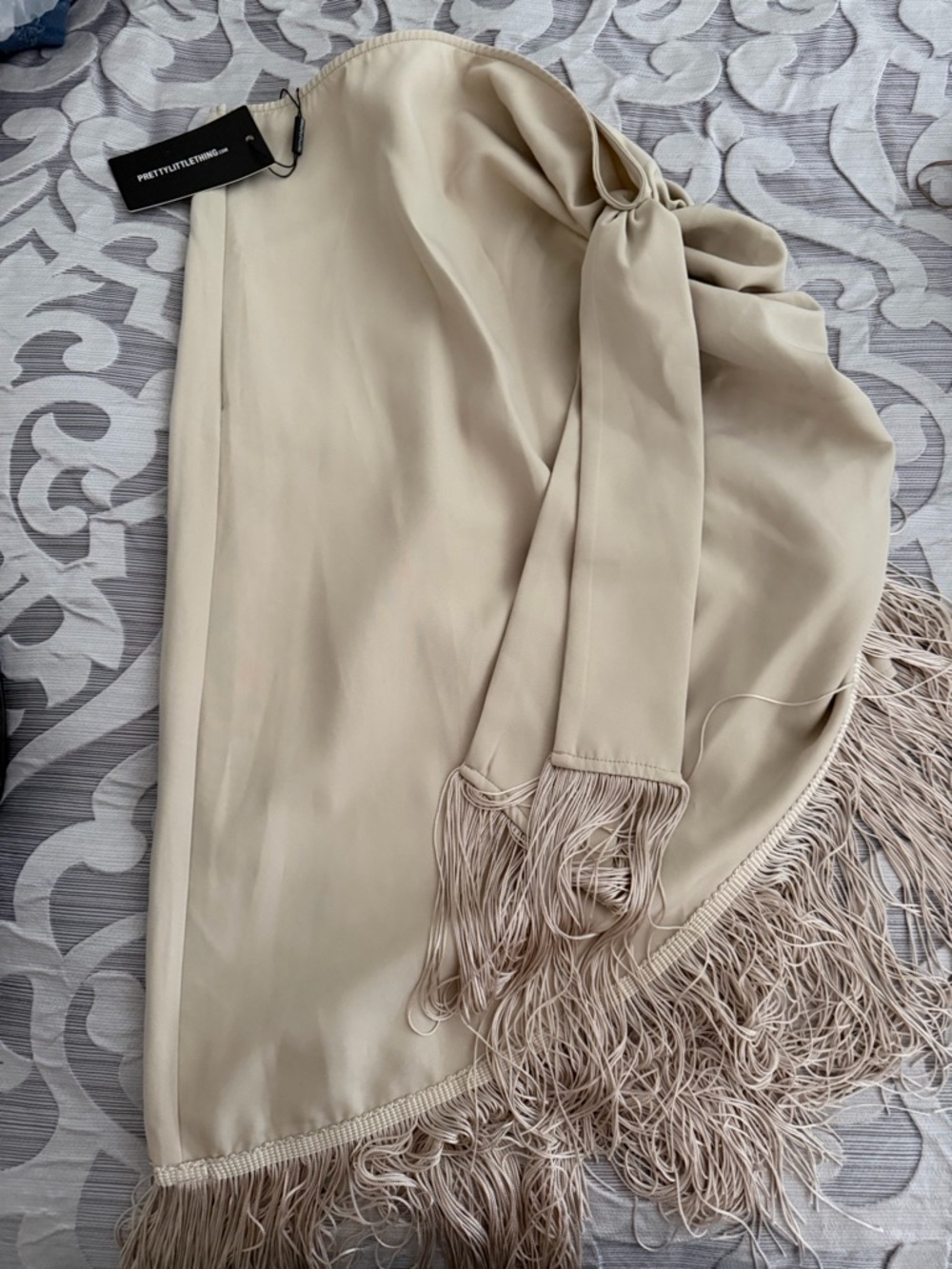 PrettyLittleThing Cream Satin Mini Skirt with Fringe Trim